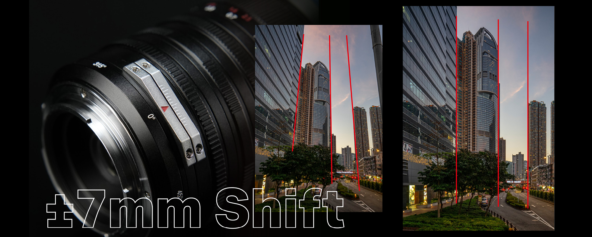 Obiektyw Venus Optics Laowa C-Dreamer 12-24 mm f/5,6 Shift do Fujifilm X - zdjęcie produktowe oraz fotografie prezentujące możliwości funkcji shift